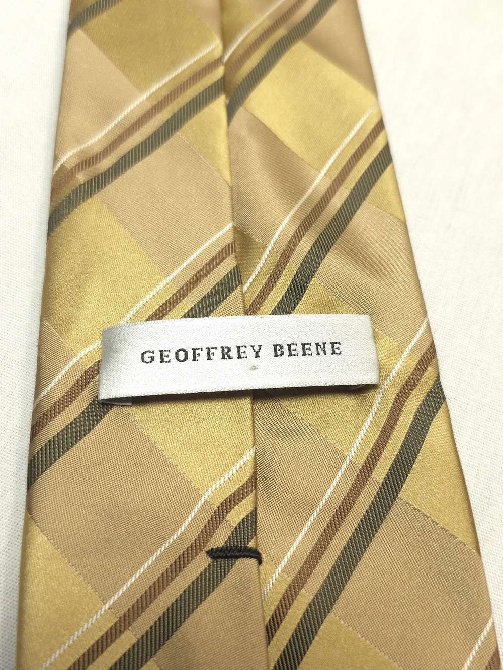 Geoffrey Beene Gold Cream Plaid Men's Tie with Green Stripes